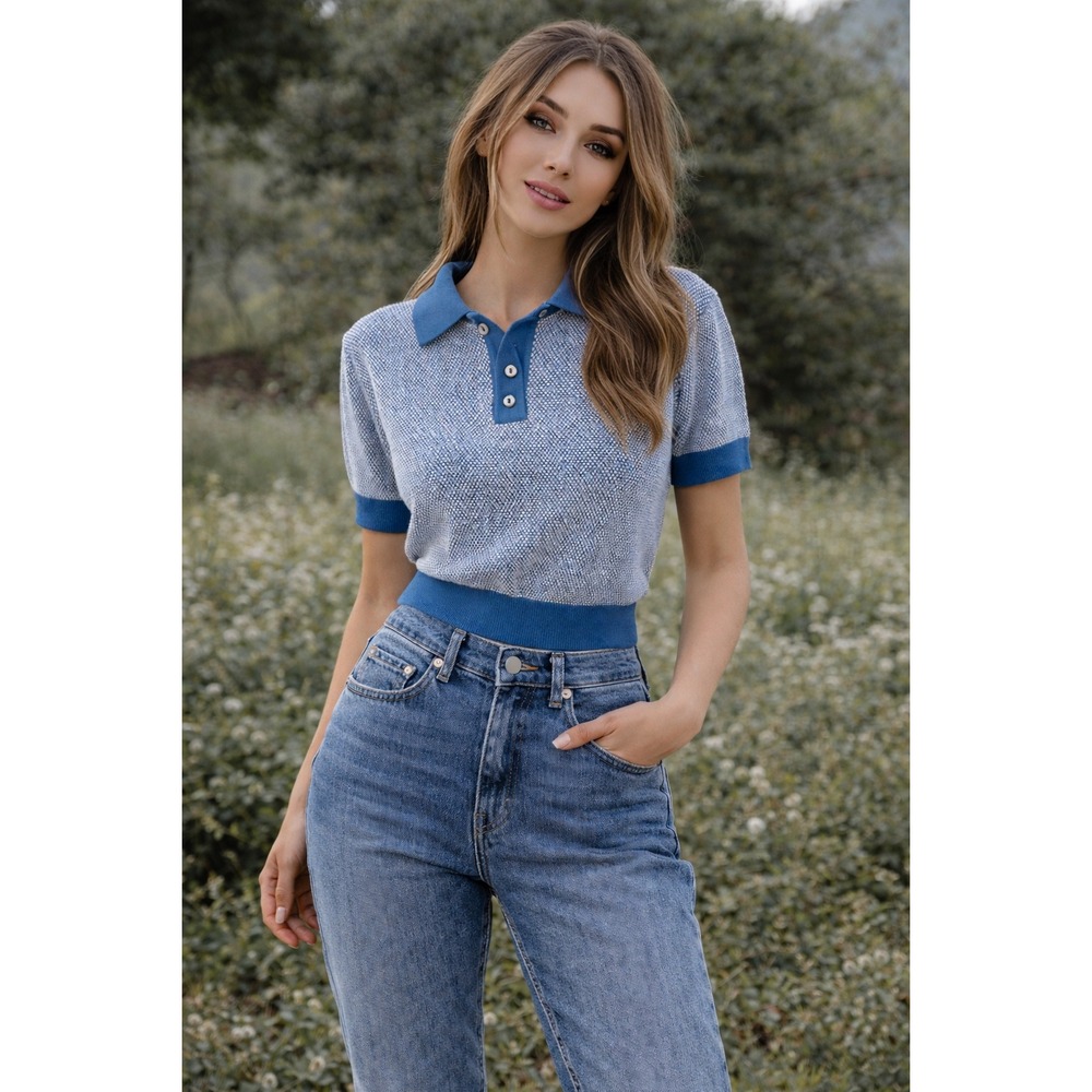 Vintage Italian Sweater Polo Knit Blue White 100% Cotton Made in Italy Women's L